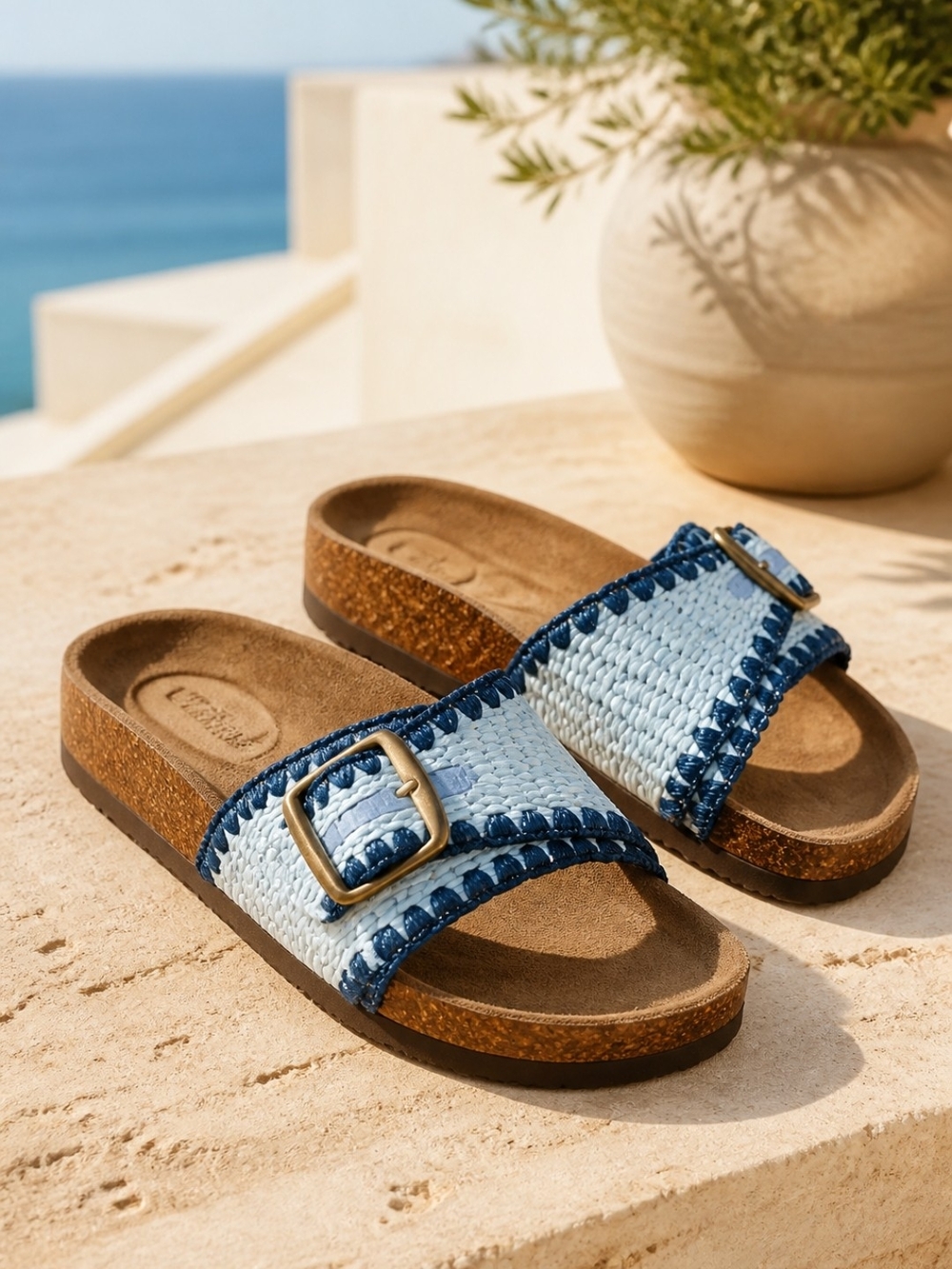 Light Blue Woven Slide Sandals with Navy Trim Women's Size 7